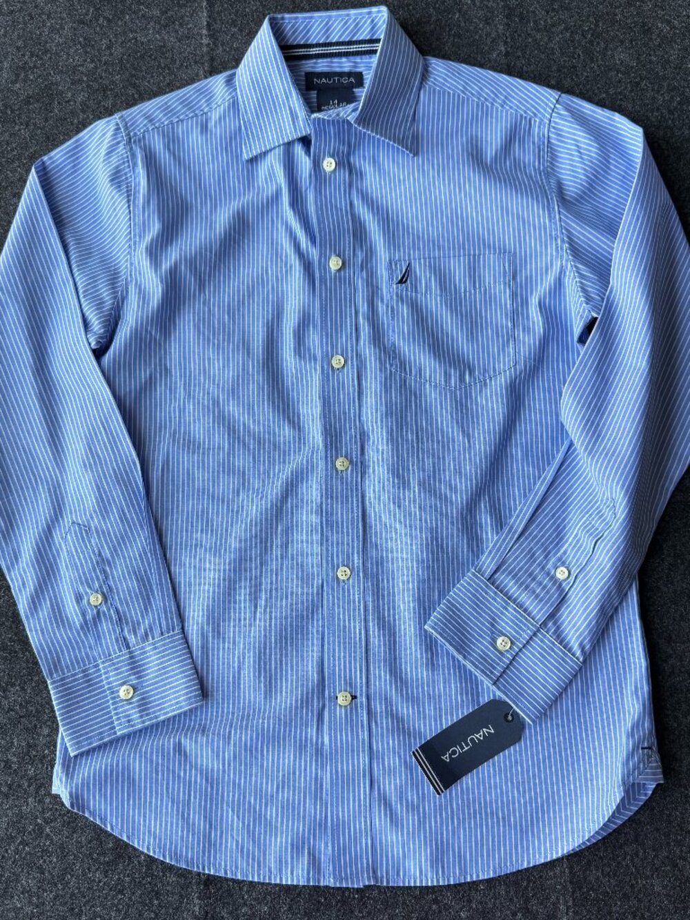 Nautica Boys Dress Shirt Size 14 NWT Blue White Stripe Button Down